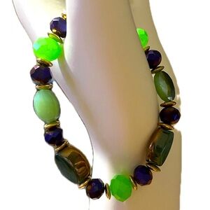 Fashion Glass Beaded Bracelet Stretchy, Green, Purple & Gold Accents